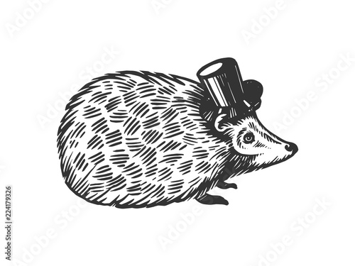 Hedgehog animal in cylinder top hat engraving vector illustration. Scratch board style imitation. Black and white hand drawn image.