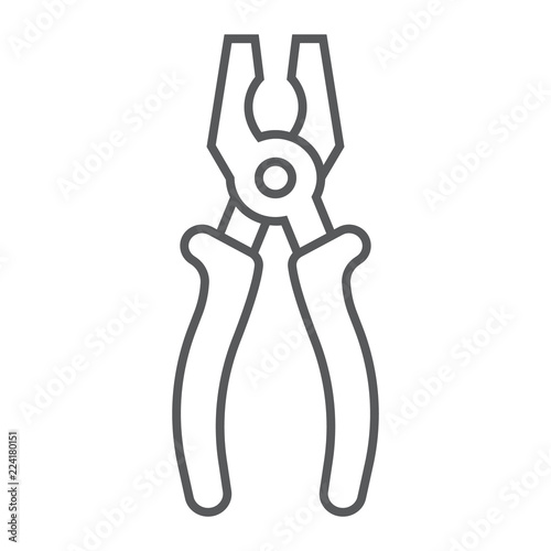 Pliers thin line icon, tool and repair, clamp sign, vector graphics, a linear pattern on a white background.