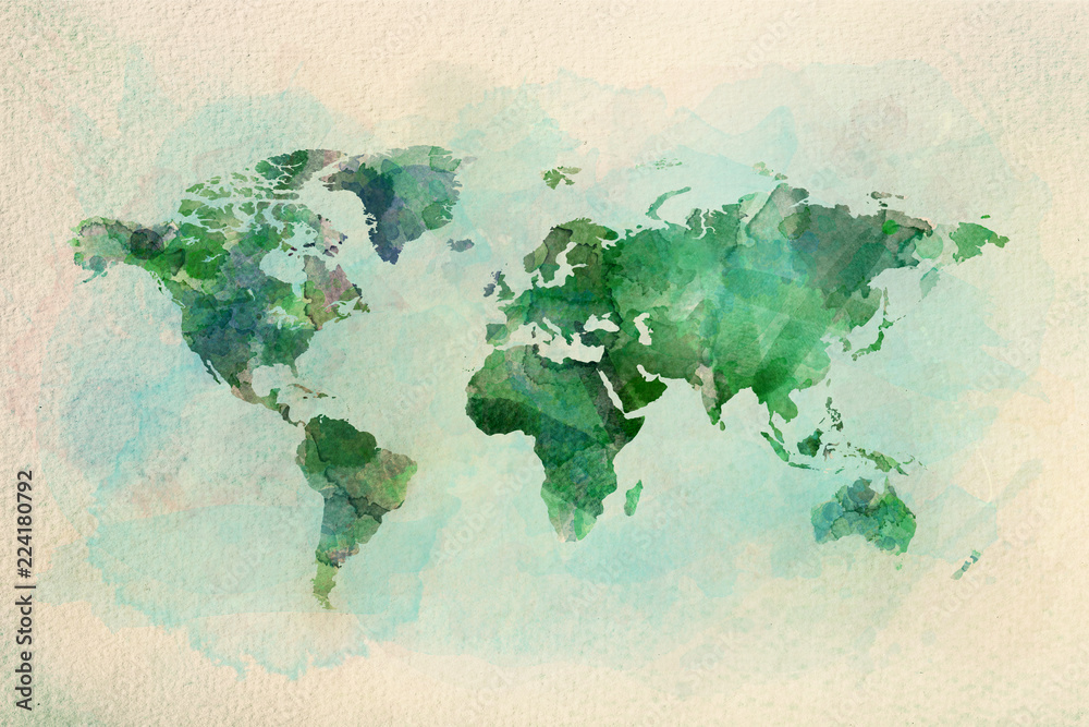 Watercolor vintage world map in green colors