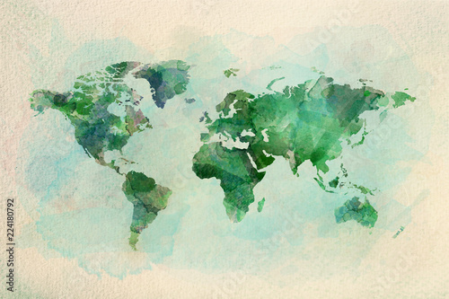 Photo Watercolor vintage world map in green colors