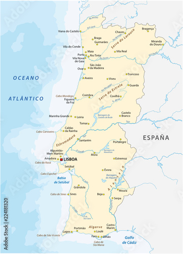 Portugal vector map with major cities and rivers