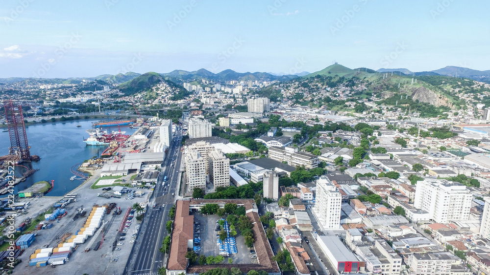 Buildings of the city of Niterói with sea in the background, aerial view