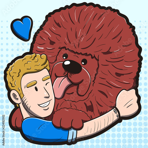 Vector illustration of a white man hugging a big Tibetan Mastiff dog. Cartoon drawing with blue halftone background.