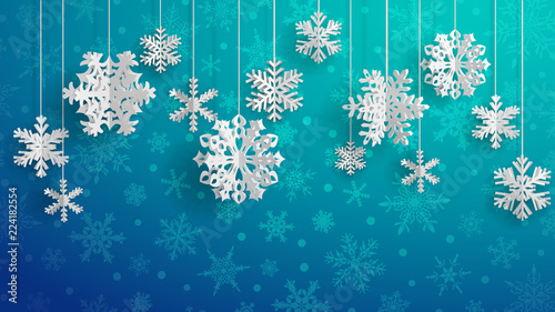 Christmas illustration with white three-dimensional paper snowflakes hanging on light blue background
