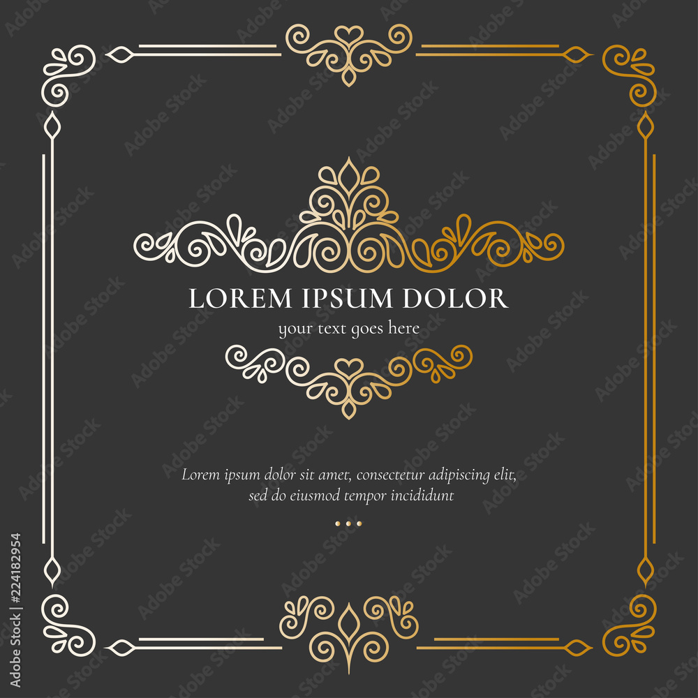 Golden frame. Elegant, classic elements. Can be used for jewelry, beauty and fashion industry. Great for logo, monogram, invitation, flyer, menu, brochure, postcard, background, or any desired idea.