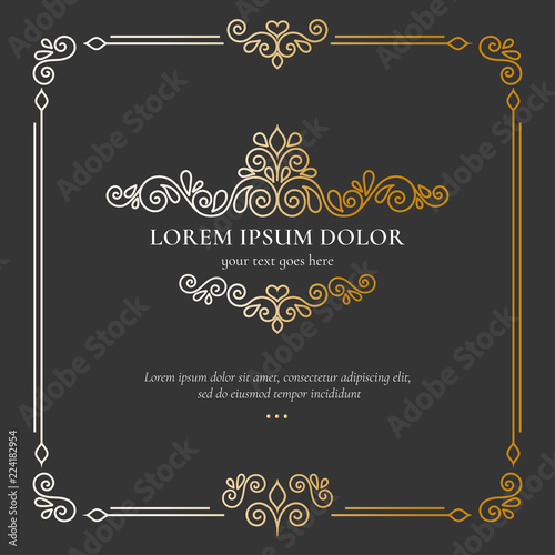 Golden frame. Elegant, classic elements. Can be used for jewelry, beauty and fashion industry. Great for logo, monogram, invitation, flyer, menu, brochure, postcard, background, or any desired idea.