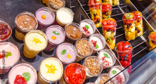 Canvas Print assortment of yogurt on display for sale at convenience store