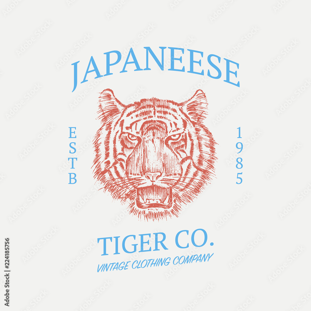 Japanese Tiger logo. Asian cat. Grunge label print. Angry roar of a predator. Badge or emblem Engraved hand drawn old monochrome Vintage face sketch t-shirt. wild animal. Vector illustration.
