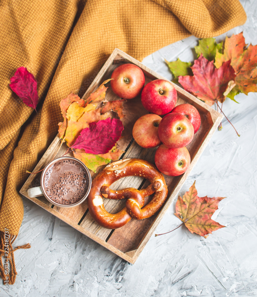 Tea Cup Hot Chocolate Coffee Autumn Time Bakery Pretzel Toned Photo Knitting Scarf Blanket Yellow Leaves Gray Background