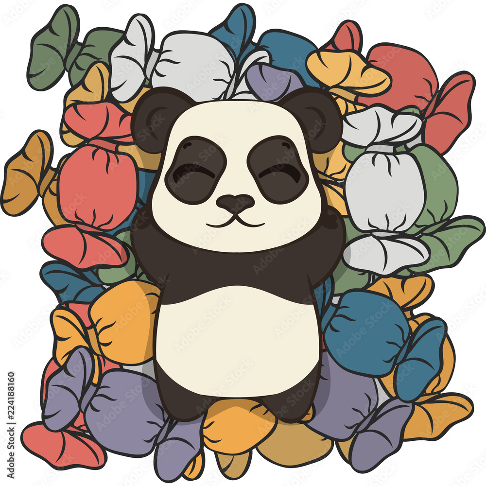 Cute panda bear lie on sweets vector image. Bearcat sweet tooth. Happy cartoon panda and sweet life. Panda dreams of sweets. Mountain of candies in multi-colored wrappers. Panda in confectioner's shop