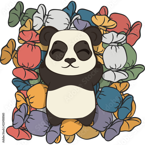 Cute panda bear lie on sweets vector image. Bearcat sweet tooth. Happy cartoon panda and sweet life. Panda dreams of sweets. Mountain of candies in multi-colored wrappers. Panda in confectioner's shop