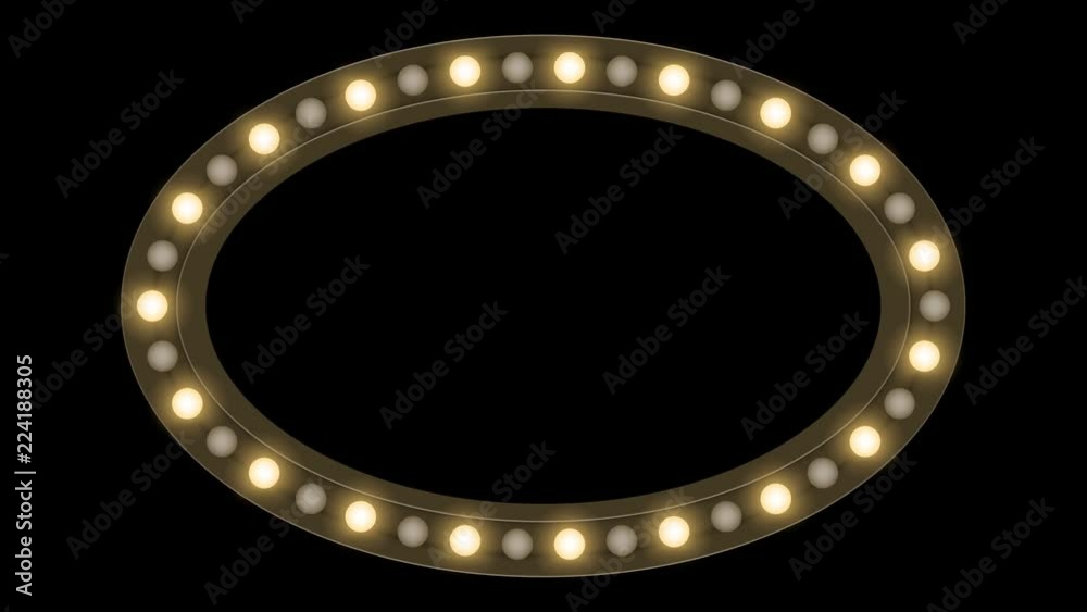 Tunnel Incandescent light bulb box frame oval shape blink moving pattern, retro 3D virtual style illustration glow in dark background seamless looping animation 4K, with copy space