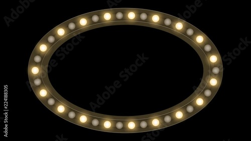 Tunnel Incandescent light bulb box frame oval shape blink moving pattern, retro 3D virtual style illustration glow in dark background seamless looping animation 4K, with copy space