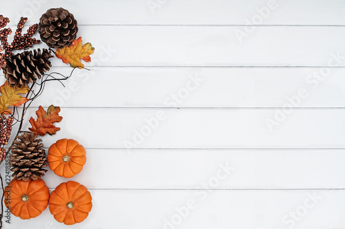 Rustic fall background of autumn leaves, pine cones and mini pumpkins with free copy space for text over a white rustic background. Image shot from overhead.