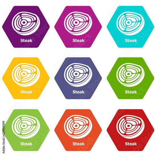 Steak icons 9 set coloful isolated on white for web
