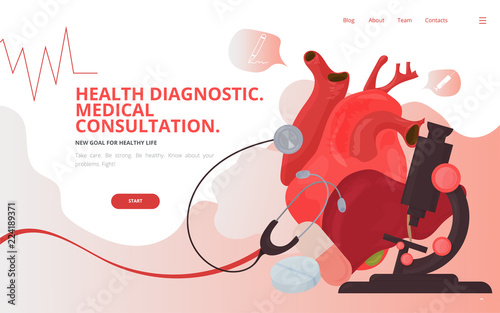 High Cholesterol Heart and Liver diagnostics concept vector illustration. Cholesterol tests diagnostics site landing page wireframe.