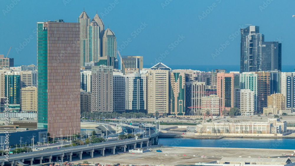 Buildings on Al Reem island in Abu Dhabi timelapse from above.