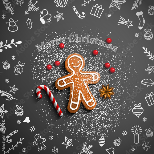Gingerbread man with chalk doodles on black background