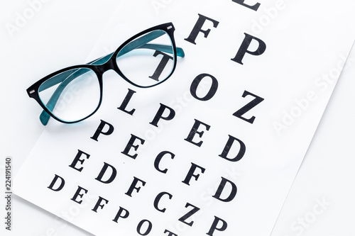 Eye test, eye examination. Glasses with transparent optical lenses on eye test chart on white background top view