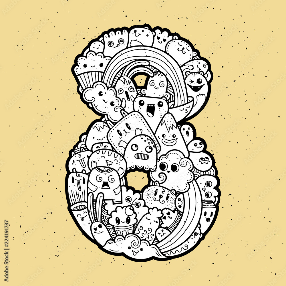 6496147 Hand drawn doodled kids numbers. Cute monstred numbers, math symbols.