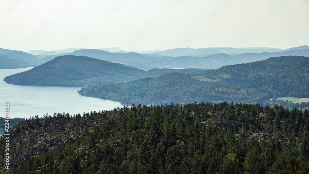 Beautiful view of archipelago, mountains, forest and sea. Skule mountain, high coast in northern Sweden.