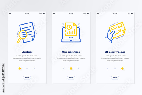 Monitored, User predictions, Efficiency measure Vertical Cards with strong metaphors.