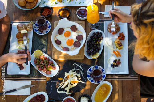 travel concept setup with traditional turkish breakfast