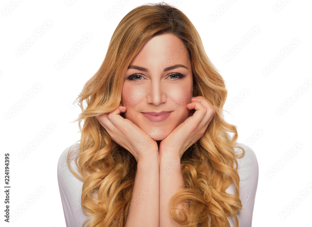 Blonde hair model woman. Female portrait. Studio shot. Blonde hair model woman. Female portrait. Studio shot.