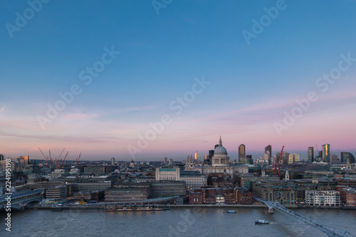 London skyline over Thames St Paul cathedral skyscrapers in twilight