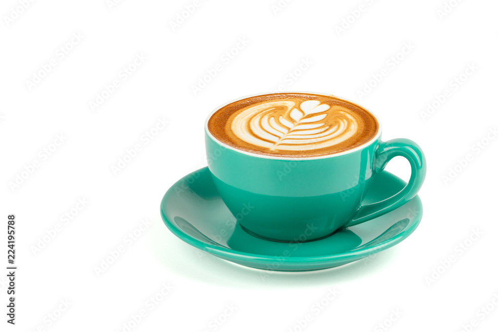 Side view of hot latte coffee with latte art in a green cup and saucer isolated on white background with clipping path inside. Side view of hot latte coffee with latte art in a green cup and saucer isolated on white background with clipping path inside.