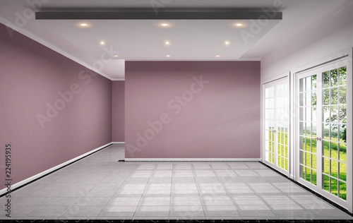 empty room interior design has pink wall on tile design 3D rendering