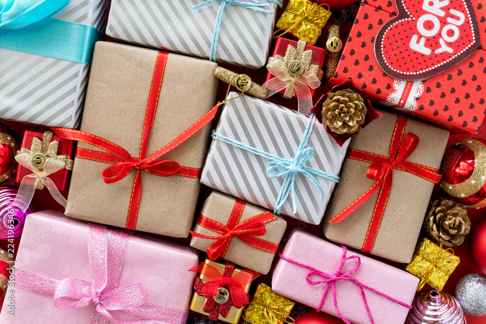 Top view of Colored gift boxes with ribbons. Gifts for Christmas new year and birthday concept. Top view of Colored gift boxes with ribbons. Gifts for Christmas new year and birthday concept.