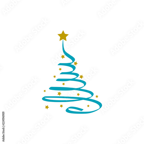 blue christmas tree and gold stars, vector