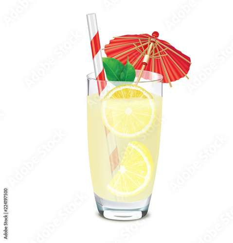 Transparent glass of lemonade with lemons, leafs, umbrella and straw. 3D illustration