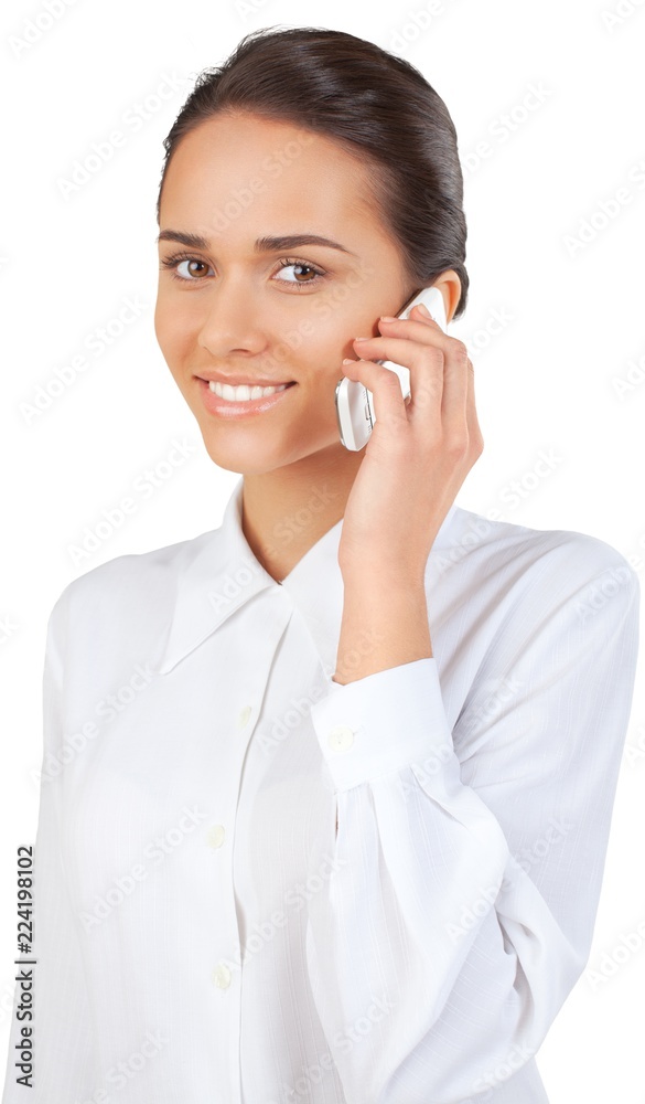 Young cute woman with phone isolated on white background Young cute woman with phone isolated on white background