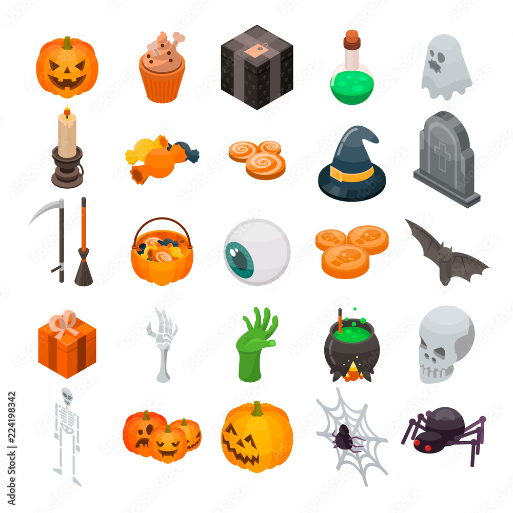 Halloween icon set. Isometric set of Halloween vector icons for web design isolated on white background Halloween icon set. Isometric set of Halloween vector icons for web design isolated on white background