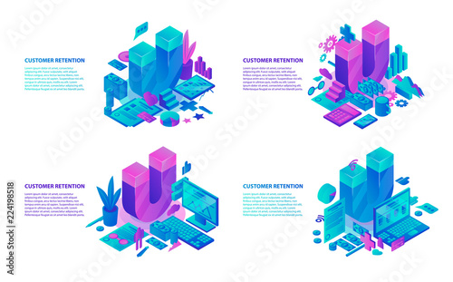Customer retention banner set. Isometric set of customer retention vector banner for web design