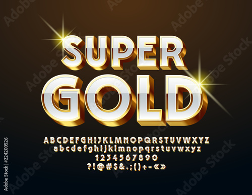 Vector Super Gold and White Chic Font. 3D Luxury Alphabet Letters, Numbers and Symbols