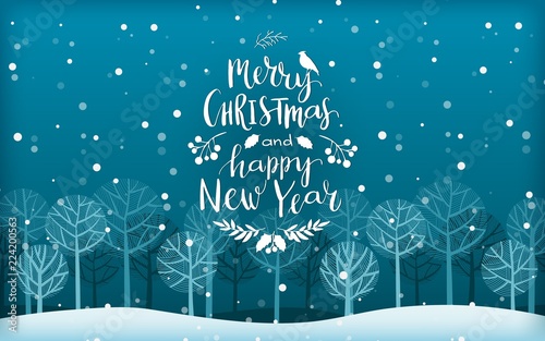 Merry Christmas and Happy New Year Lettering on background with winter landscape. Silhouettes of trees in a fairy forest under a snowfall. Holiday vector illustration.