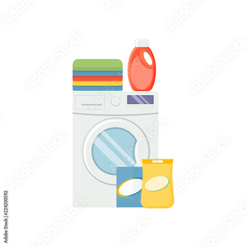 Laundry service elements. Washind machine, detergerns and clothe