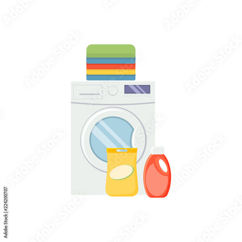 Laundry service elements. Washind machine, detergerns and clothe