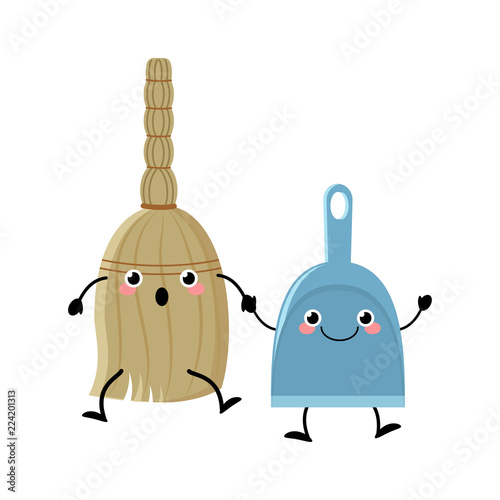 Cute cartoon broom and dustpan characters vector illustartion in