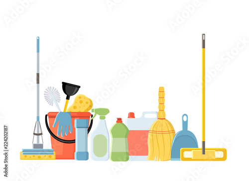 Cleaning tools in flat cartoon style vector illustration isolate