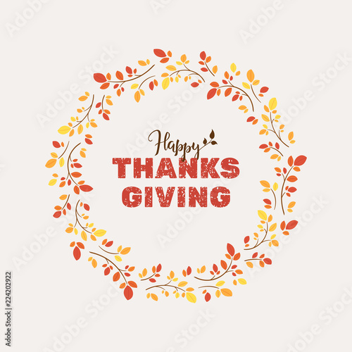 Wallpaper Mural Thanksgiving card template with text "Happy thanksgiving" in floral wreath frame of branches with autumn red and yellow leaves. Vector brush lettering "Happy" and typography "Thanksgiving" Torontodigital.ca