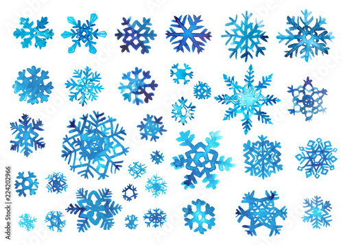 watercolor snowflake set on white