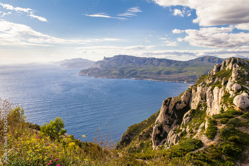 Amazing view of Mediterranean Sea and French Riviera coast from viewpoint along Route des Cretes