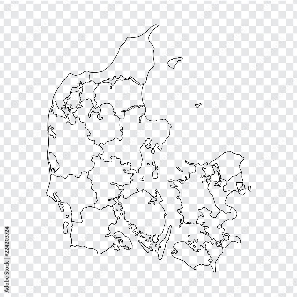 Blank map Denmark . High quality map Kingdom of Denmark with provinces on transparent background for your web site design, logo, app, UI. Stock vector. Vector illustration EPS10.