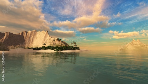 Island in the ocean at sunset, Tropical islands, beautiful seascape, 