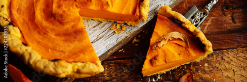 Homemade Pumpkin Pie with Autumn Decoration