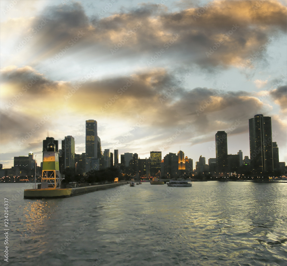 Chicago sunset skyline in summer